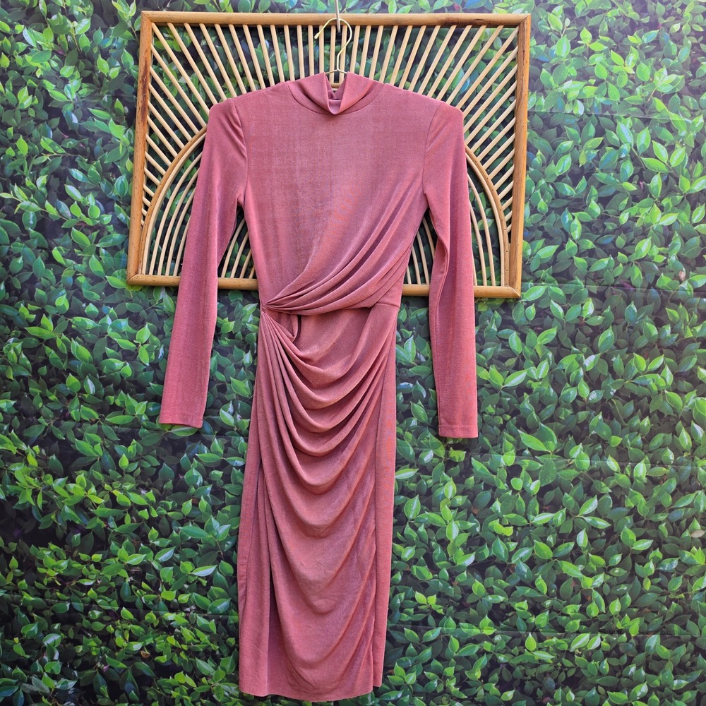 JLUXLABEL Mauve Pink Twist Front Mock Neck Long Sleeve Midi Dress Small